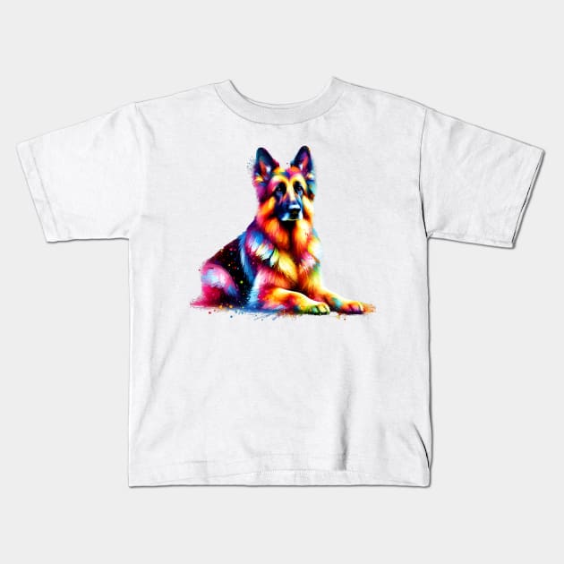 Colorful German Shepherd Dog in Splash Paint Style Kids T-Shirt by ArtRUs